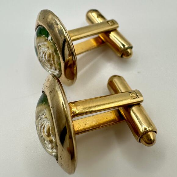 Vintage gold tone domed glass reverse painted intaglio roses cameos cufflinks - Picture 6 of 8